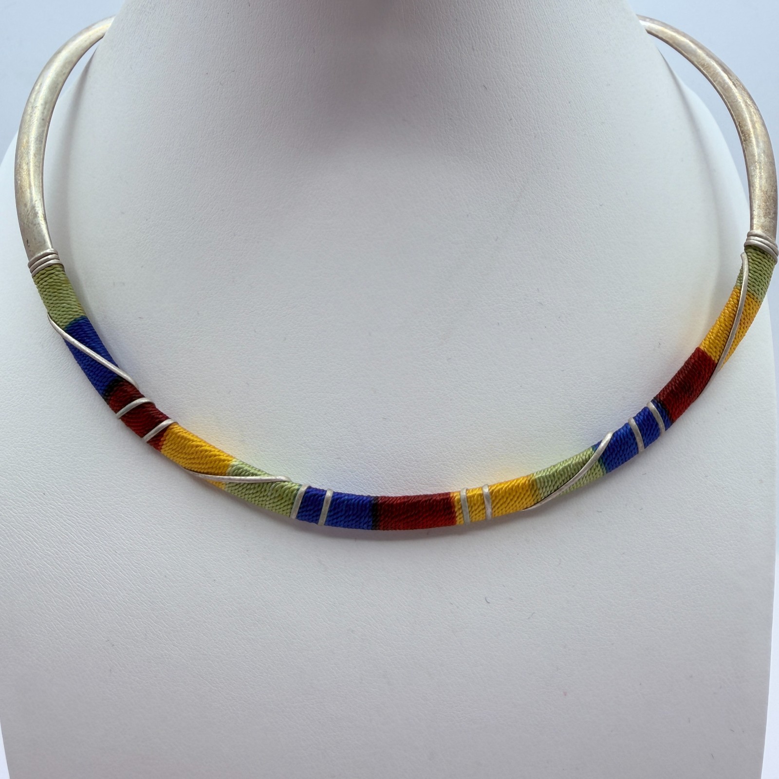 Vintage Silver Tone Thread Wrapped Jewelry Set Collar Necklace Cuff Hoop Earring