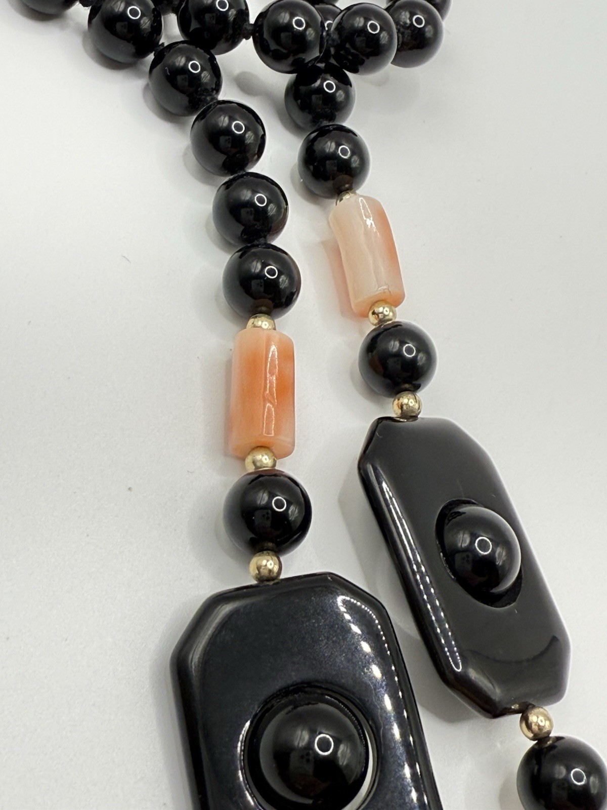 Vtg Black Onyx Pink Angel Skin Coral Necklace Chunky Statement Deco Geometric