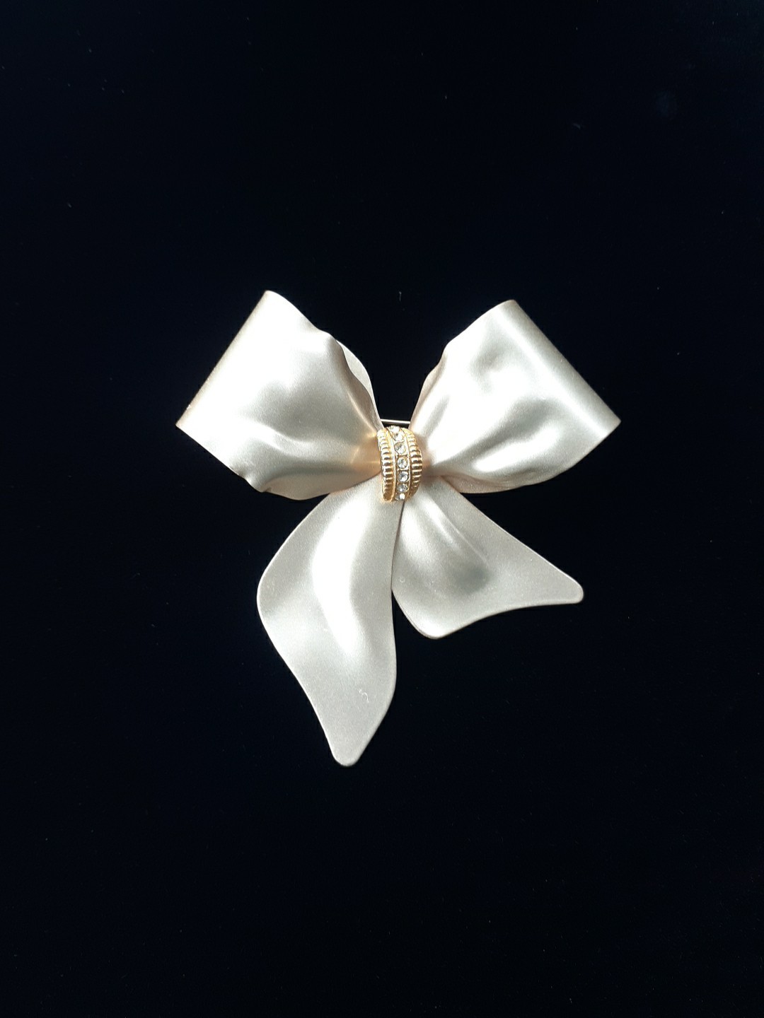 Vintage Large Satin Enamel Rhinestones Bow Brooch Pin