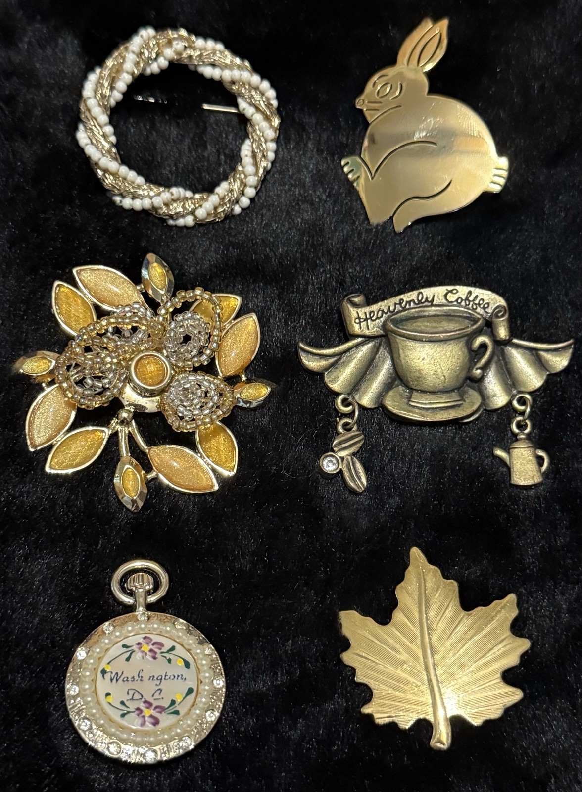 Vintage Brooch Lot 1950s–1980s Floral Bunny Leaf Coffee & Souvenir Pins