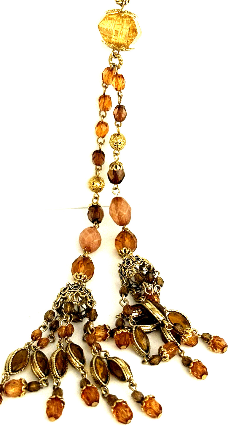 Vintage Robert Rose Gold Tone Amber Honey Beaded Lariat Style Pendant Necklace