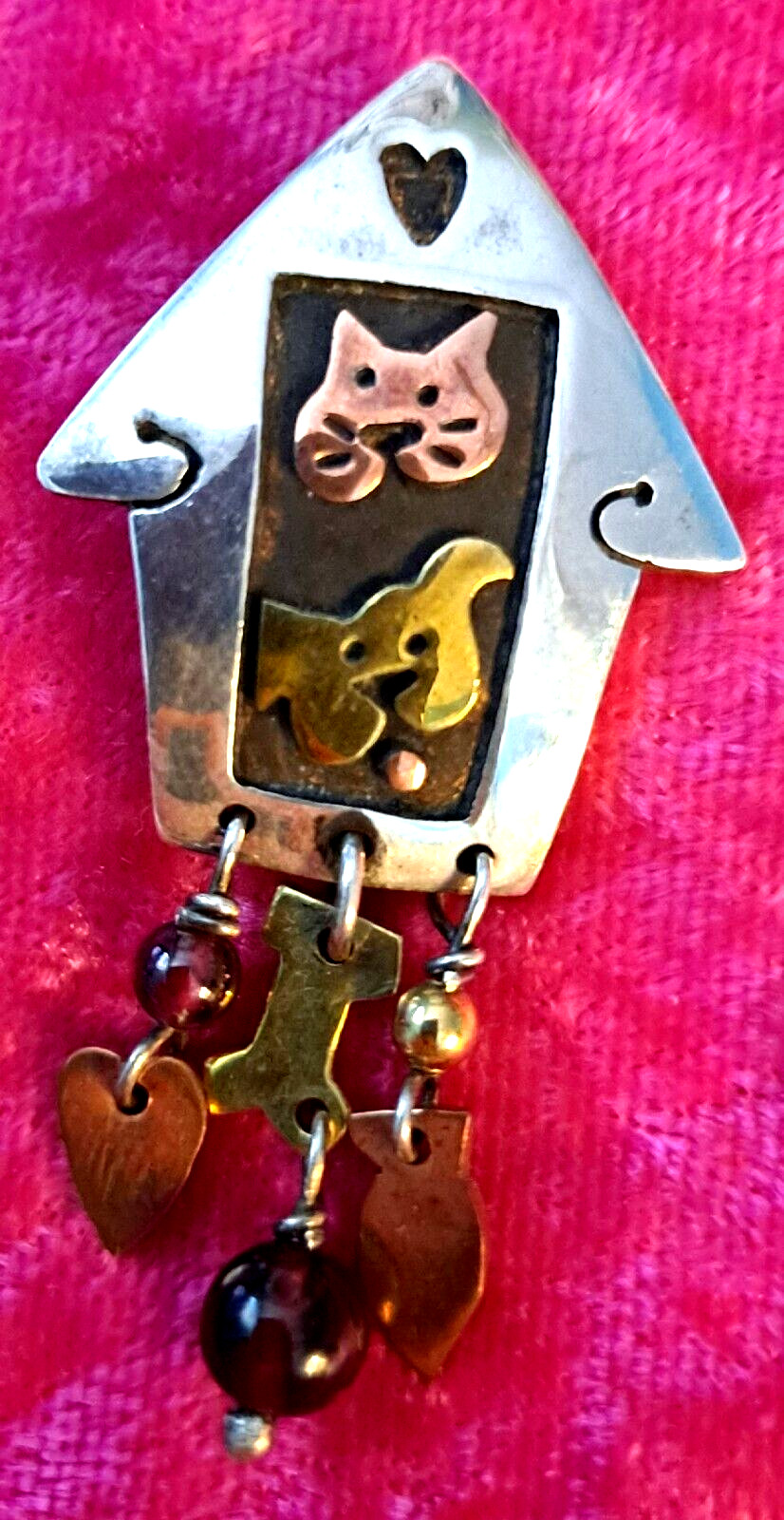 Vtg Far Fetched Dog Cat in A House Pin Sterling Silver Mixed Metals 3-D Mexico