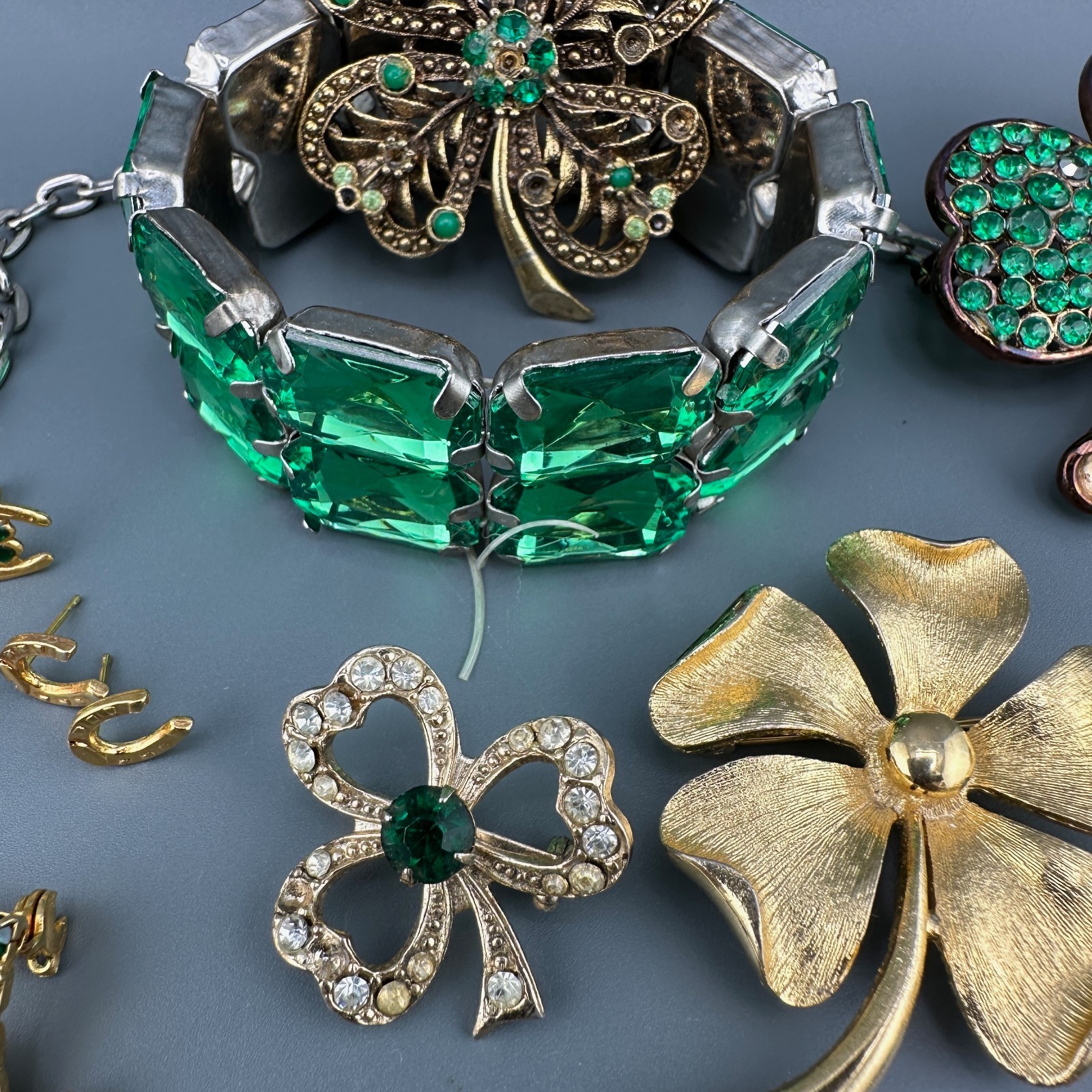 Vintage St. Patricks Day Jewelry Lot Shamrock Brooches Leprechaun Necklace Rings