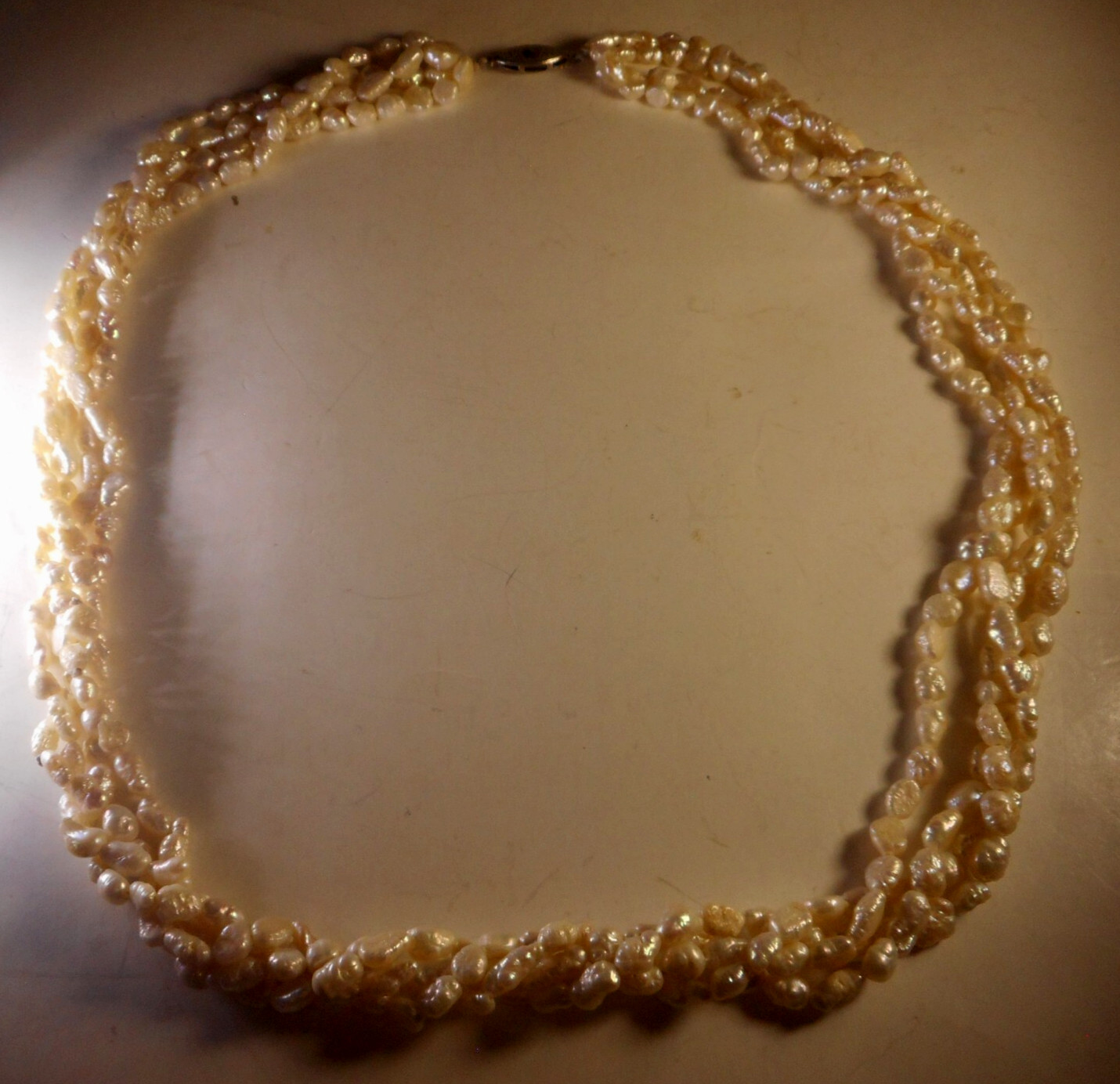 Vtg Artisan Rice Pearl 4 Strand Twisted Bead Necklace Silvertone Hook Clasp 20″