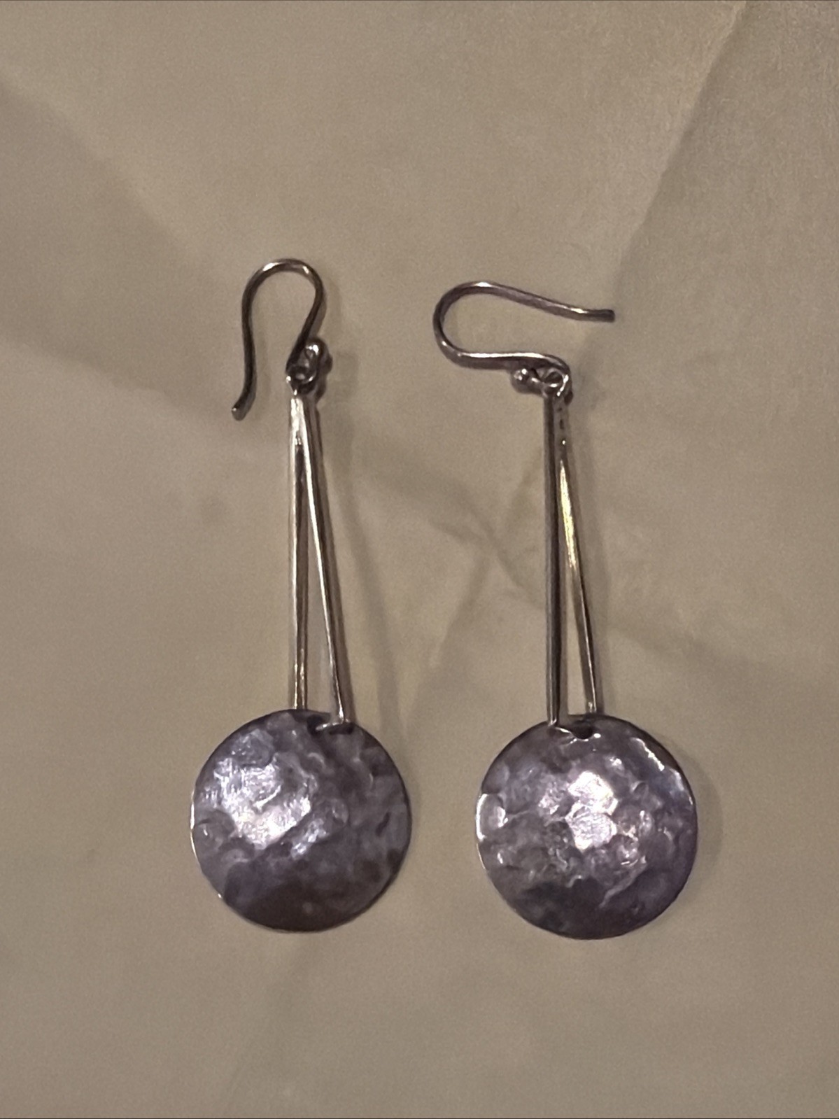 VTG Signed ATI Mexico 925 sterling silver hammered drop hoop Earrings Taxco 3”
