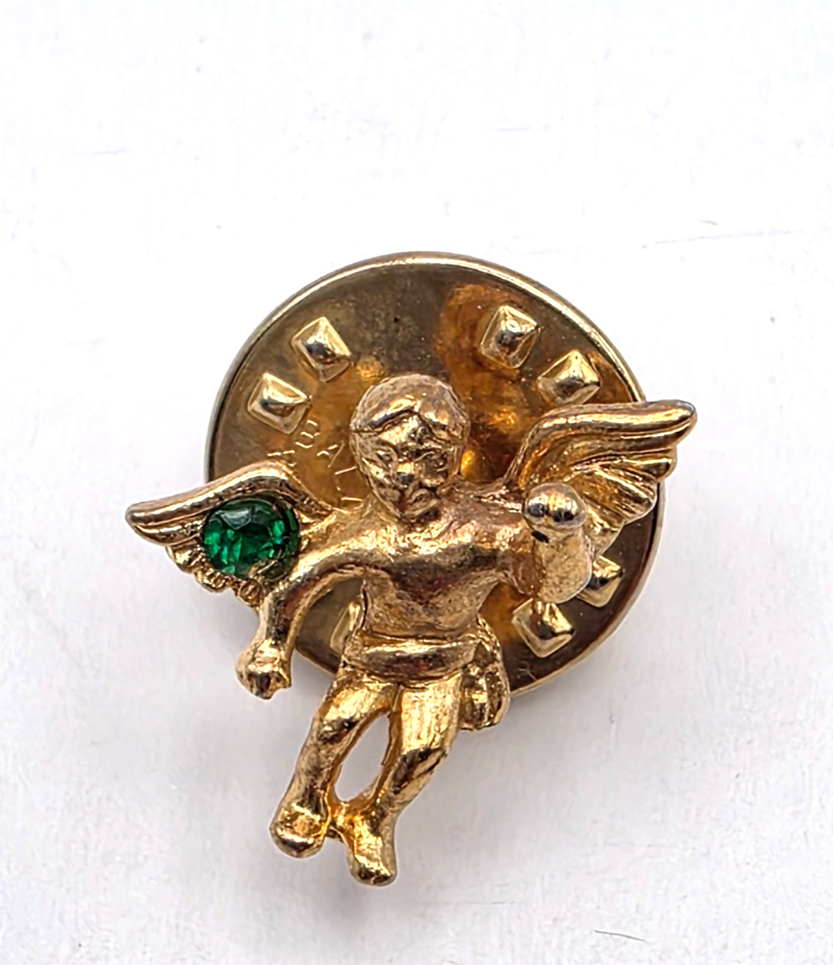 Guardian Cherub Angel Lapel Pin Faux Gold Tone Rhinestone Green Crystal T&T Vtg