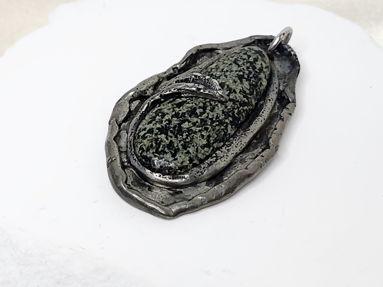 Handmade Nickel Silver Or Pewter Pendant W Polished Black & Green Stone – 2″ L