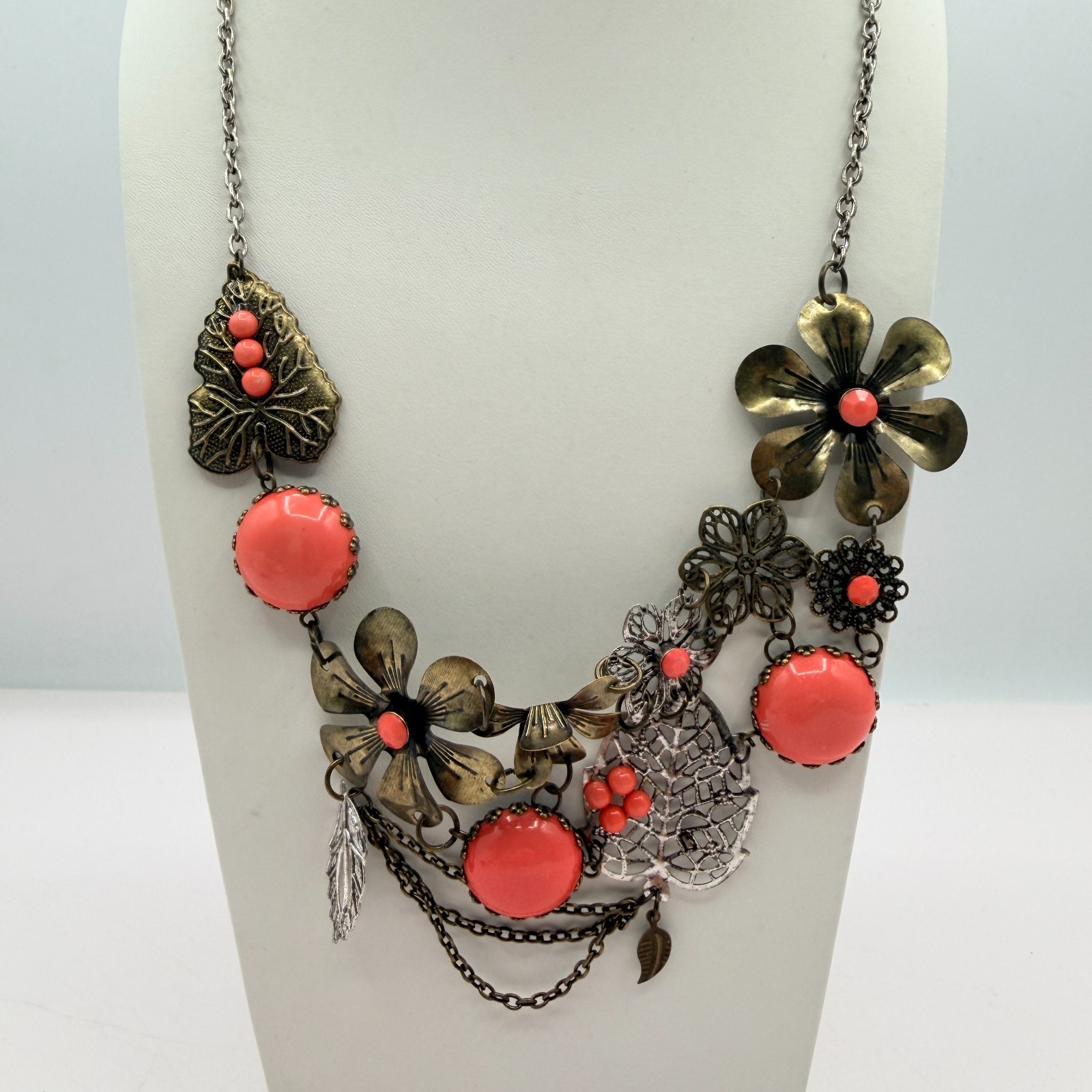 Vintage Bronze Tone Floral Bib Necklace Statement Orange Faux Coral Bead Boho
