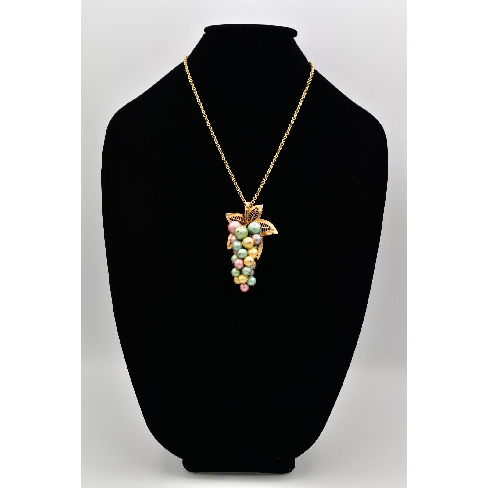Vintage Grape Pendant Necklace Brushed Gold Multi-Color Cluster Vine Pastel BinK