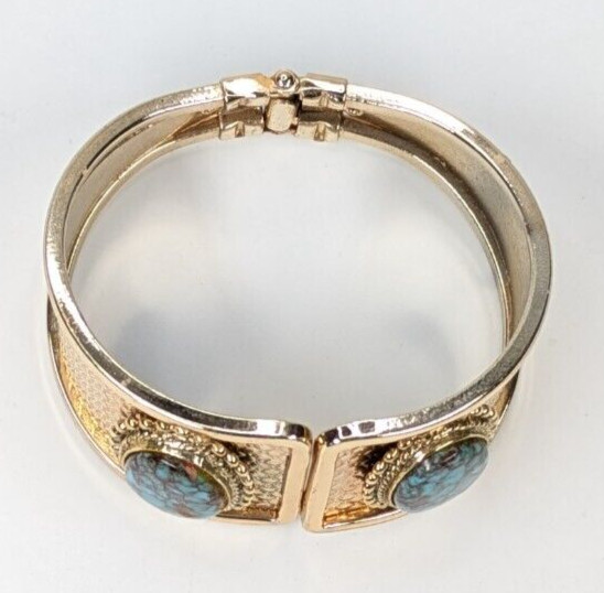 Vintage Faux Turquoise Cabochon Patterned Gold Tone Hinged Clamper Bracelet