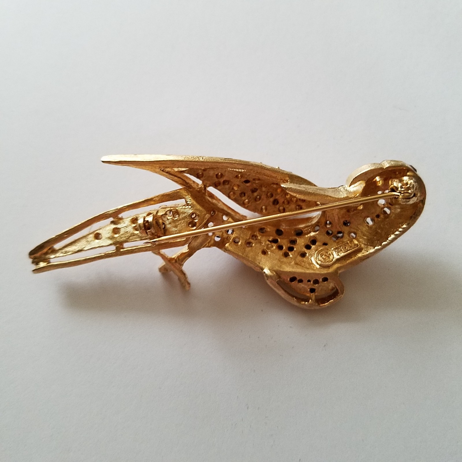 Vintage Pell Purple and Clear Rhinestone Parrot Brooch