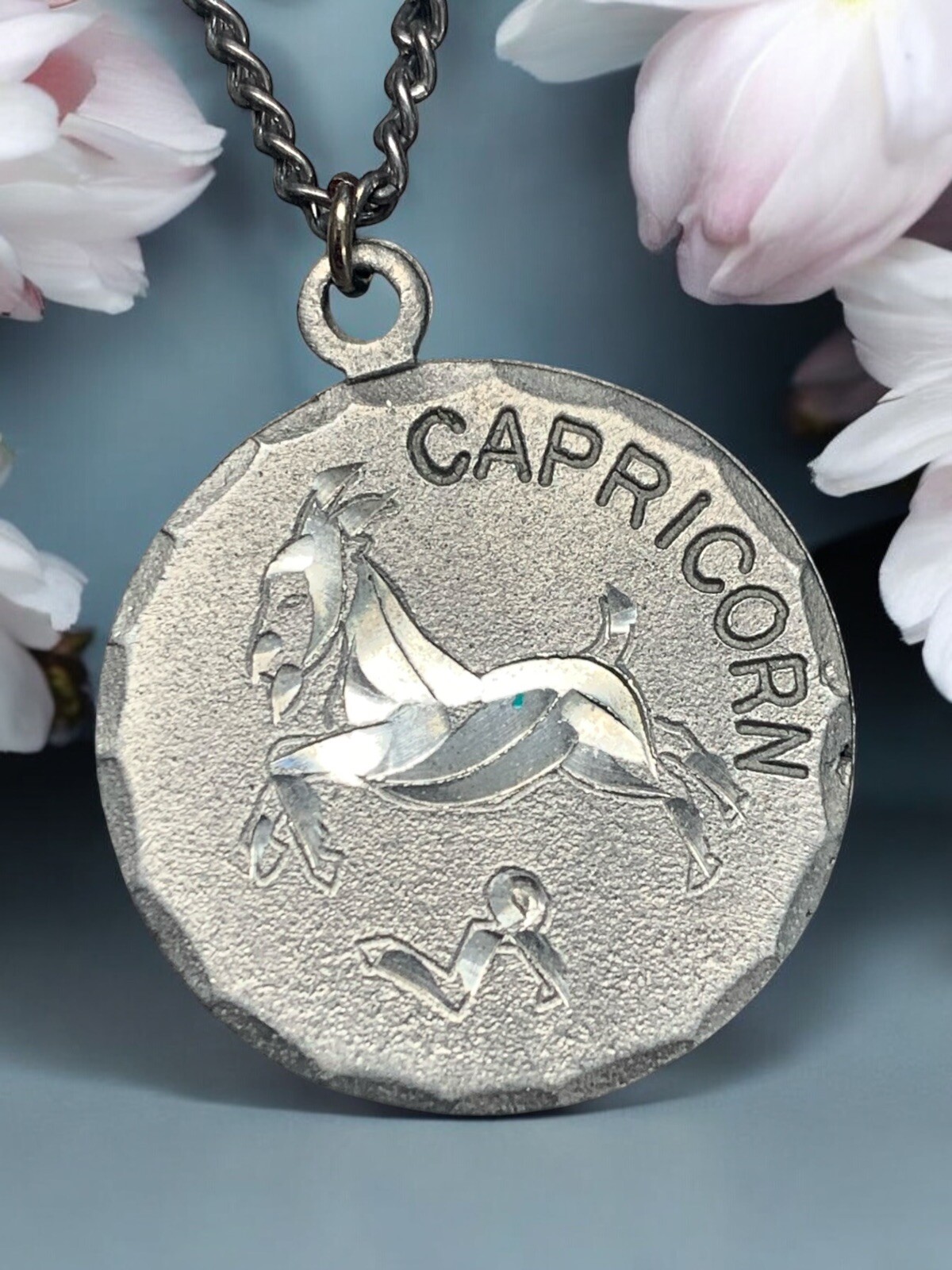Vintage Pewter BDA Zodiac astrology Capricorn Engraved Pendant Necklace 18”