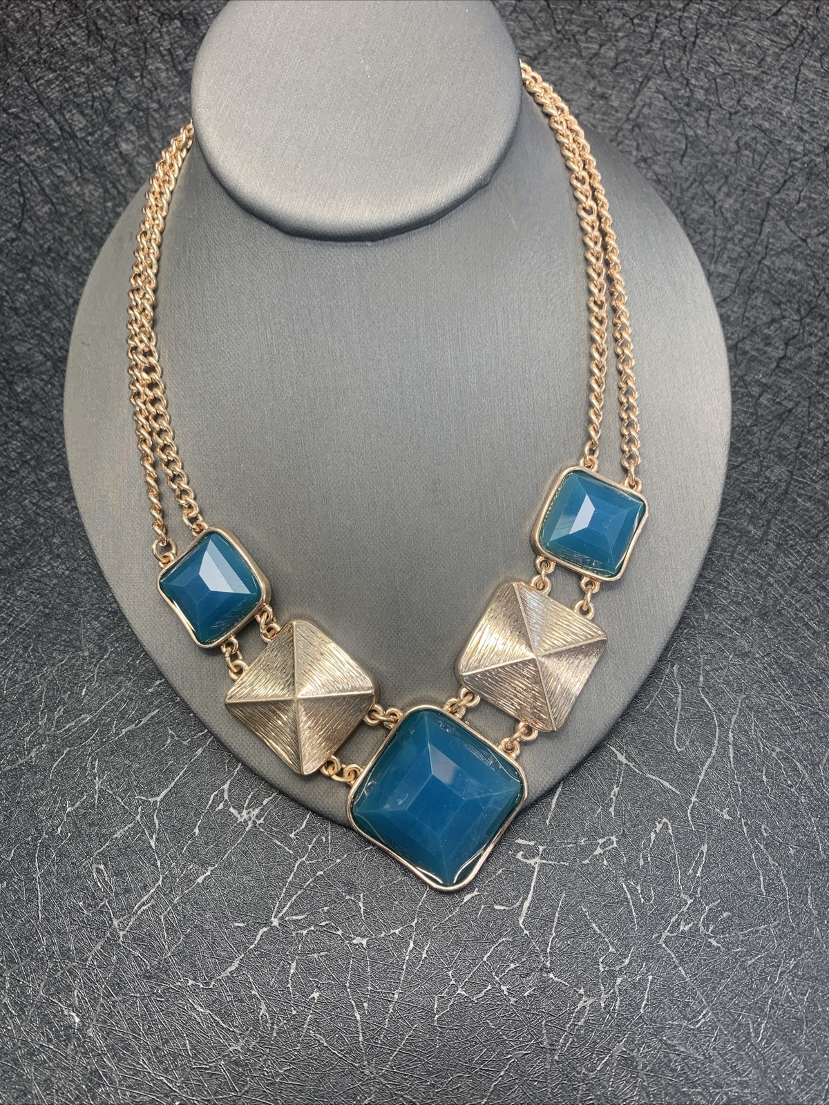 Vintage Teal Blue, Golden Chain, Bib Statement Necklace 18”