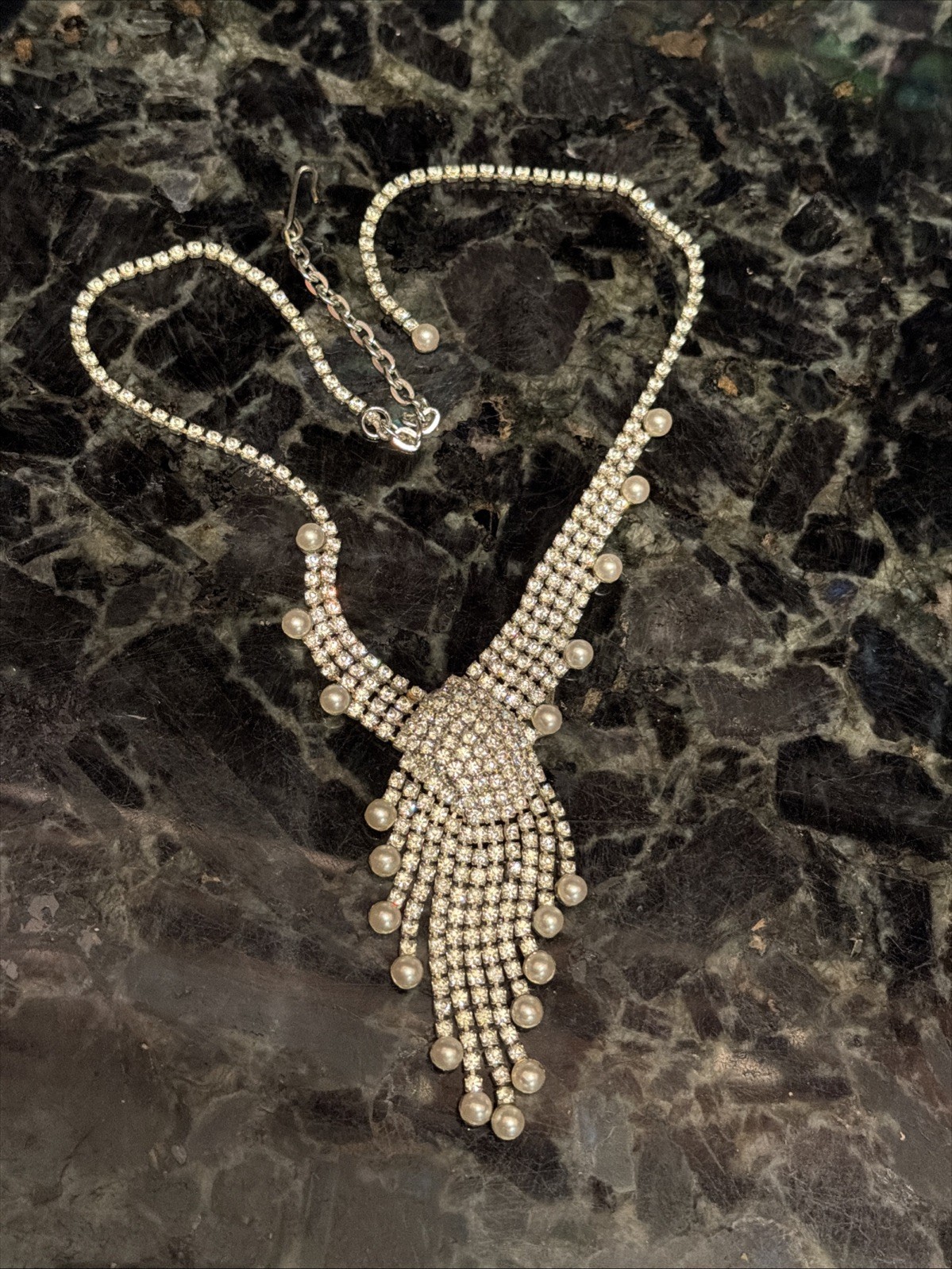 Vintage Rhinestone Swirl Glamour Pearl Dangle Necklace High End Costume Jewelry