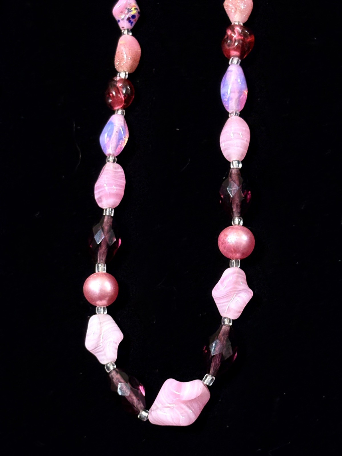 VTG Pink Purple Art Glass Bead Statement Necklaces Iridescent Acrylic Faux Pearl