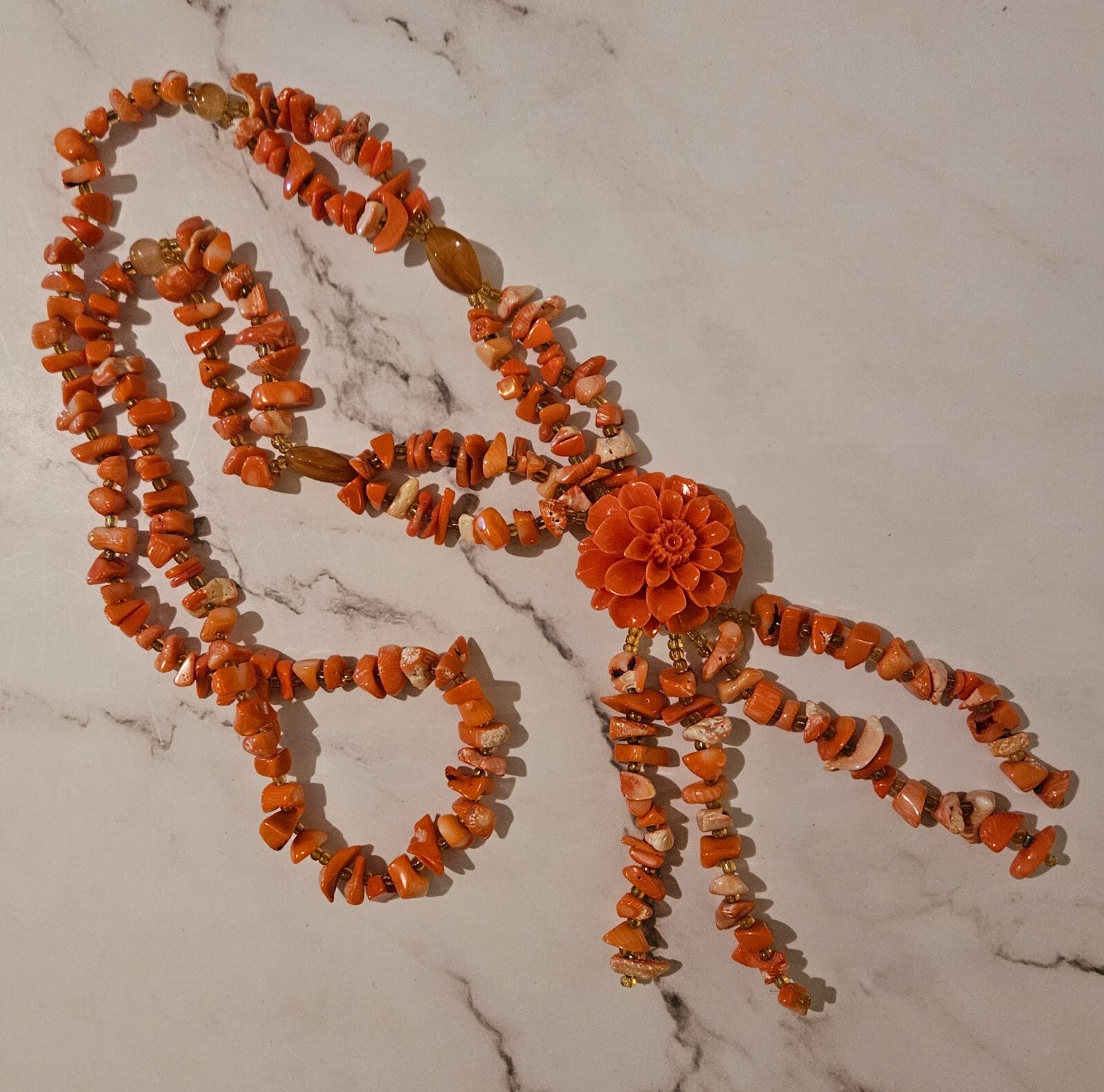 Beautiful Long Salmon Colored Nugget Chips and Flower Necklace