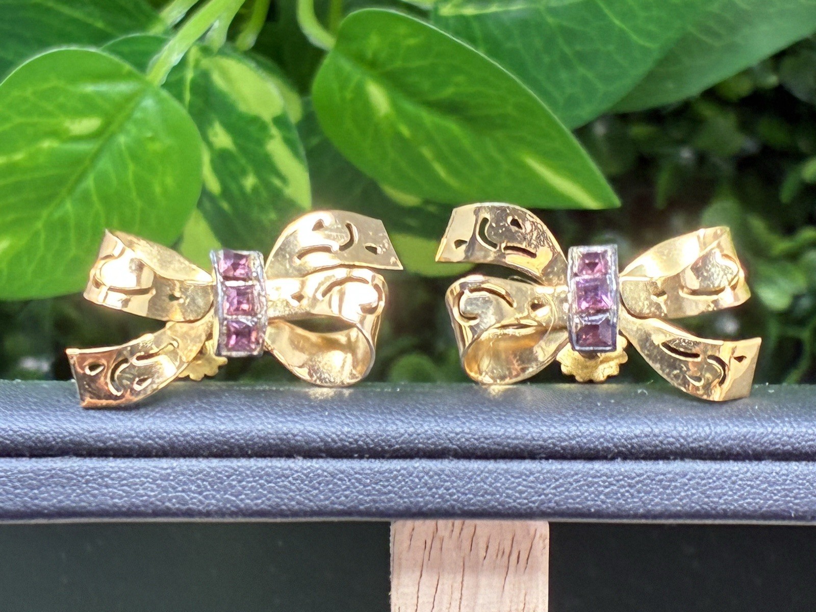 Vintage Coro Mid Century Gold Tone Bows Purple Rhinestones Earrings Screw Back