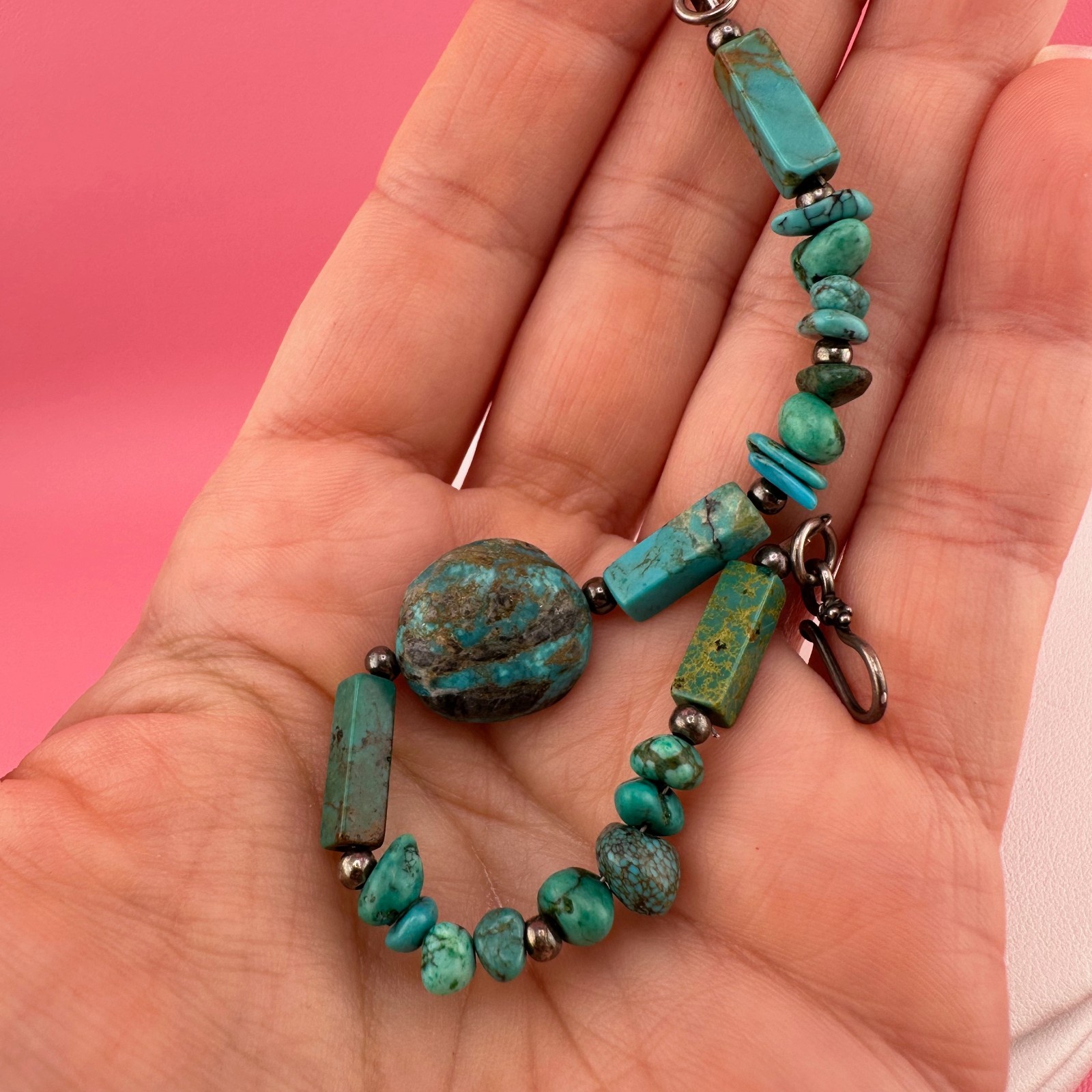 Vintage Turquoise Bead Sterling Silver Bracelet Blue Green South Western 6.25″