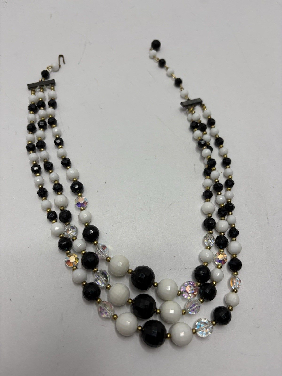 Beaded Necklace Vtg Triple Layered Black White Acrylic