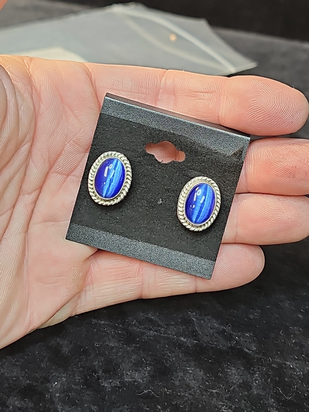 Vintage 925 Sterling Silver Mexico ATI Blue Cat’s Eye Stone Pendant & Earrings