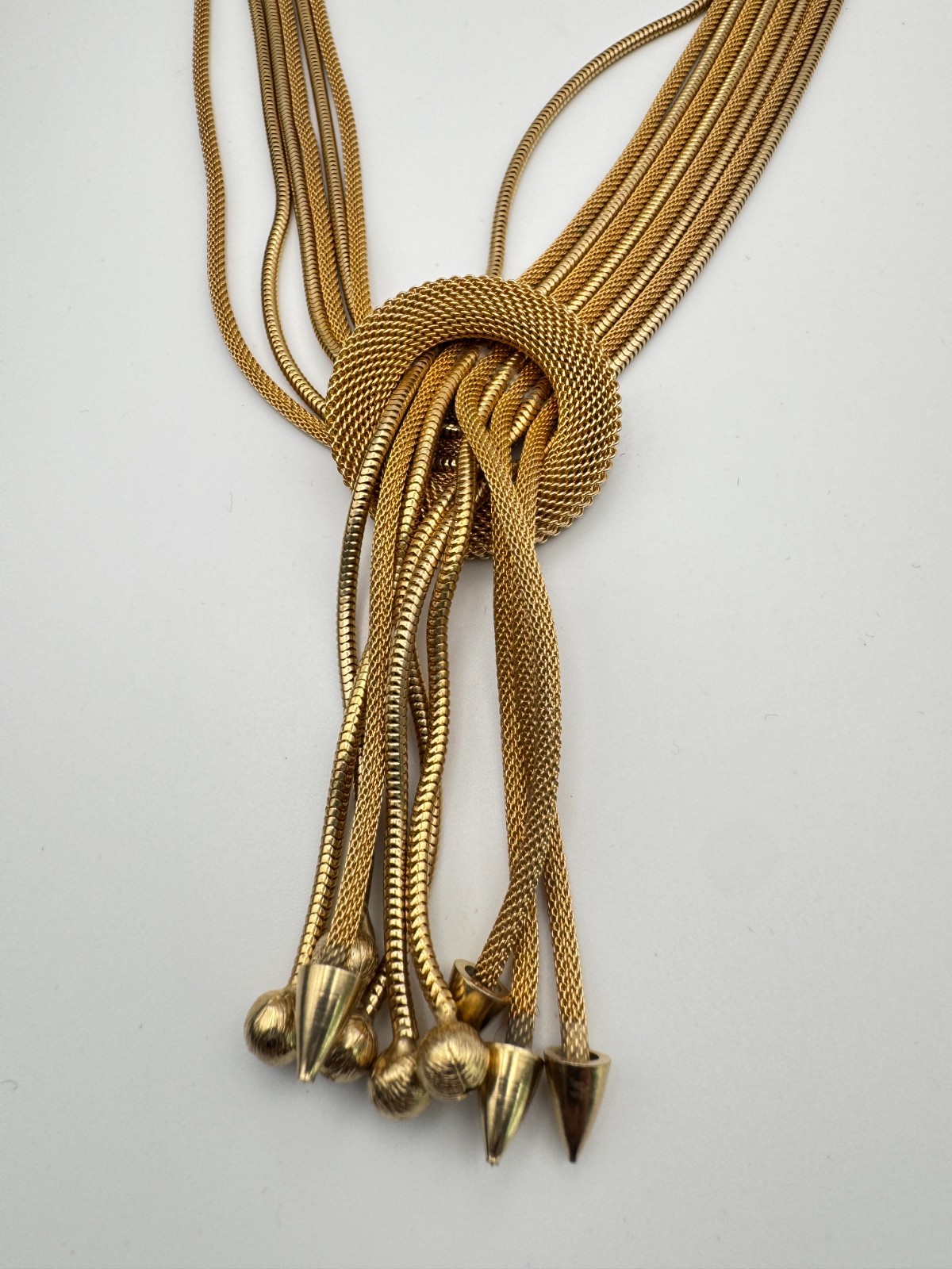 Vintage Mesh Necklace Multi Strand Snake Chain Tassel Knot Fringe Gold Tone