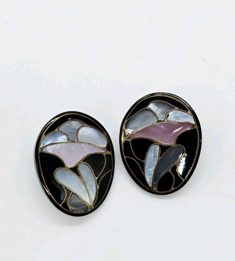 Lee Sands Abalone Flower Floral Black Multicolored Pierced Earrings 1.5 in