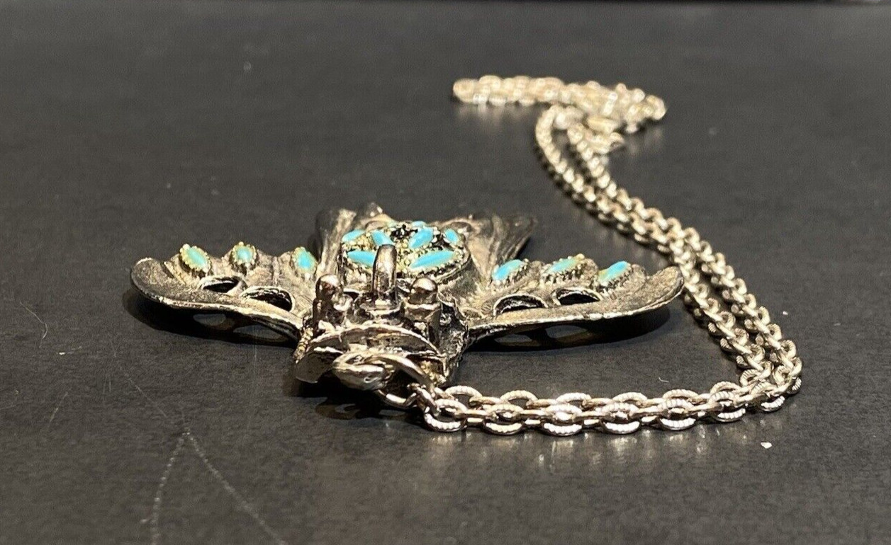 VTG Thunderbird Kachina Pendant Necklace Faux Turquoise Silver Tone Southwestern