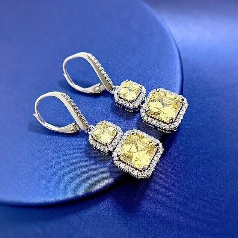 Asscher Cut Citrine Lab Created Diamond Special Engagement 925 Silver Earrings