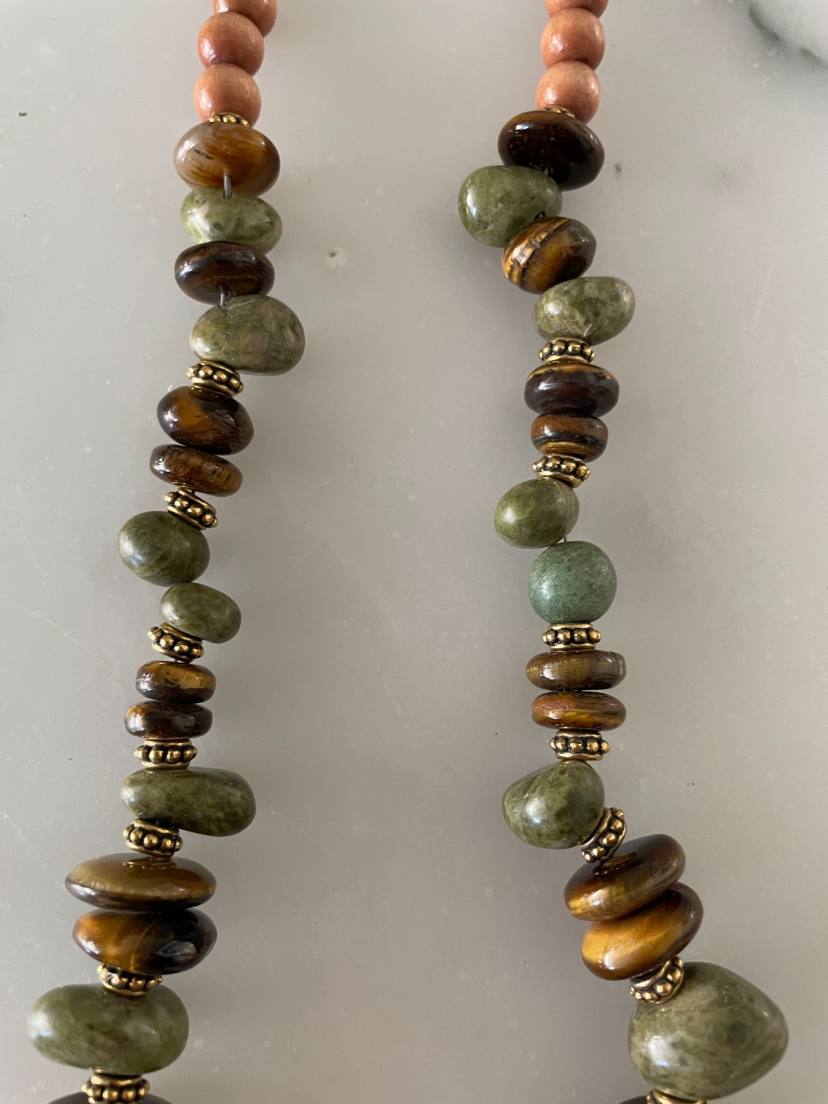 Vintage Nephrite Jade Necklace Nylon String Tigers Eye Filigree Brass Spacers