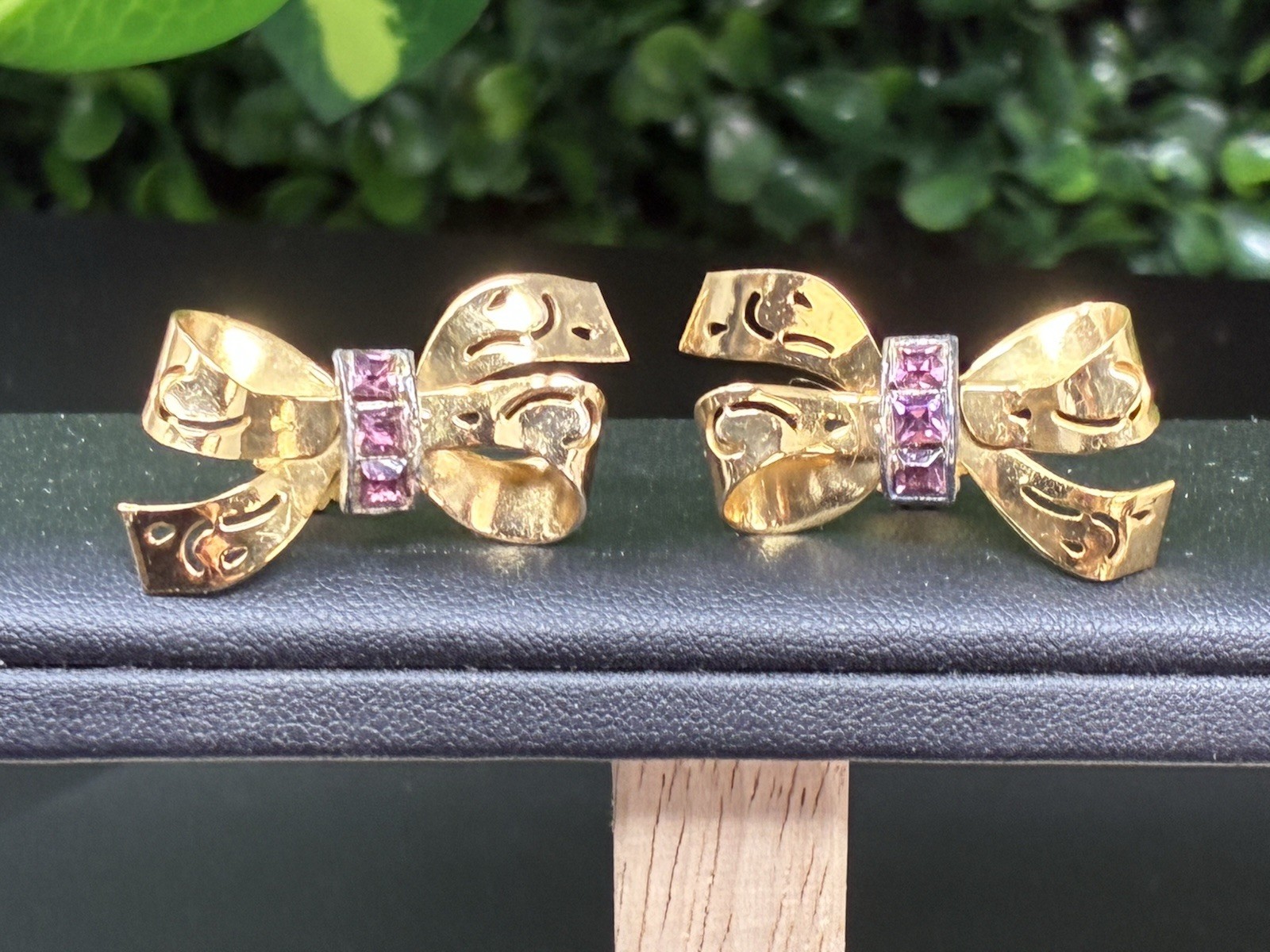 Vintage Coro Mid Century Gold Tone Bows Purple Rhinestones Earrings Screw Back