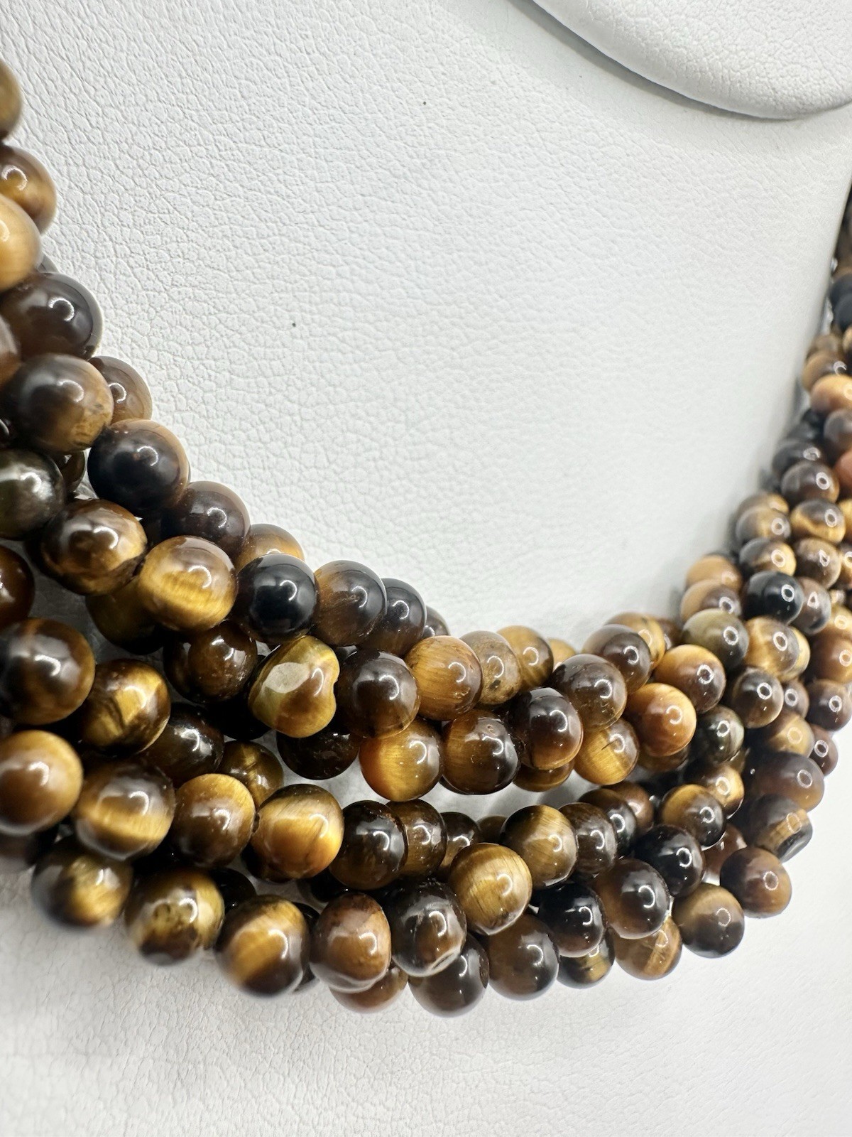 VTG 29In 4 Strand Tigers Eye Bead Necklace Caviar Gold Tone Fish Hook Clasp Read