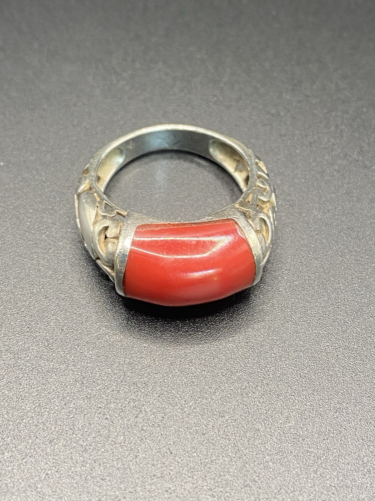 Sterling Silver Filigree Ring Red Coral Oval Cabochon Bezel Set Band 4mm .