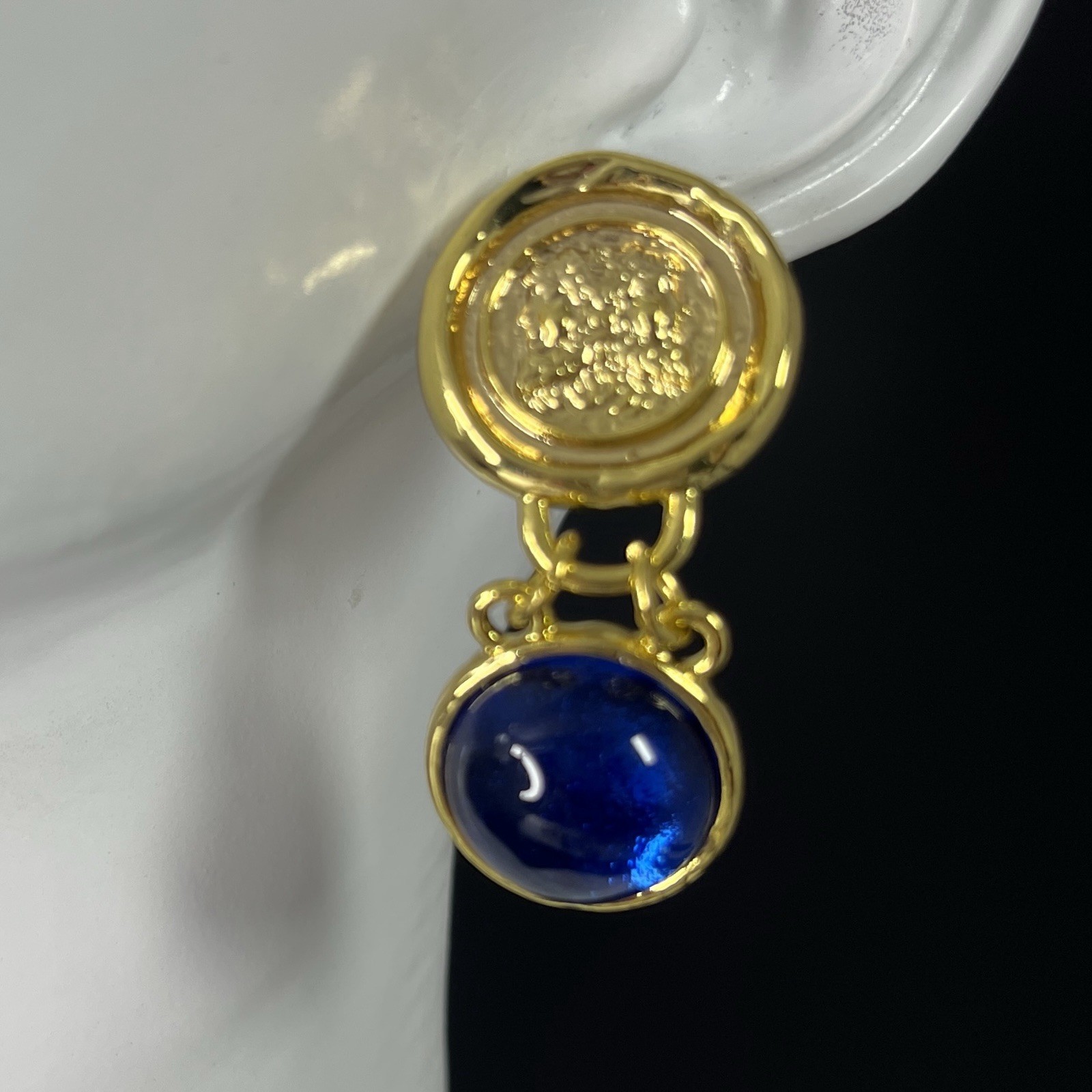Gold Tone Etruscan Coin Dangle Earrings Blue Glass Cabochon Pierced Gripoix
