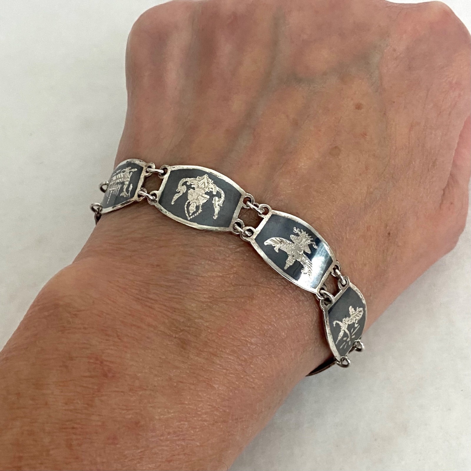 Signed SIAM Thai Sterling Silver 925 Black Niello Garuda Panel Bracelet 6.75″