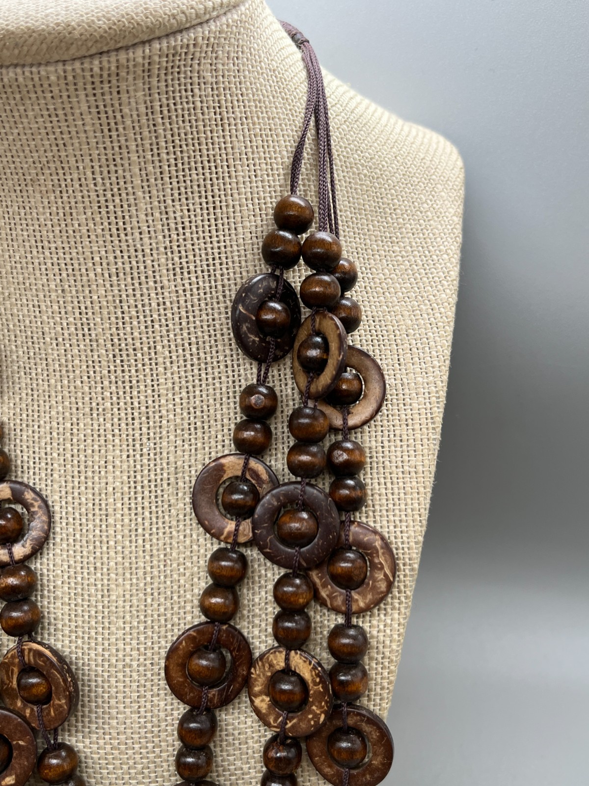 Bohemian Boho Wooden Flat Circle Link with Bead 3 Strand Necklace