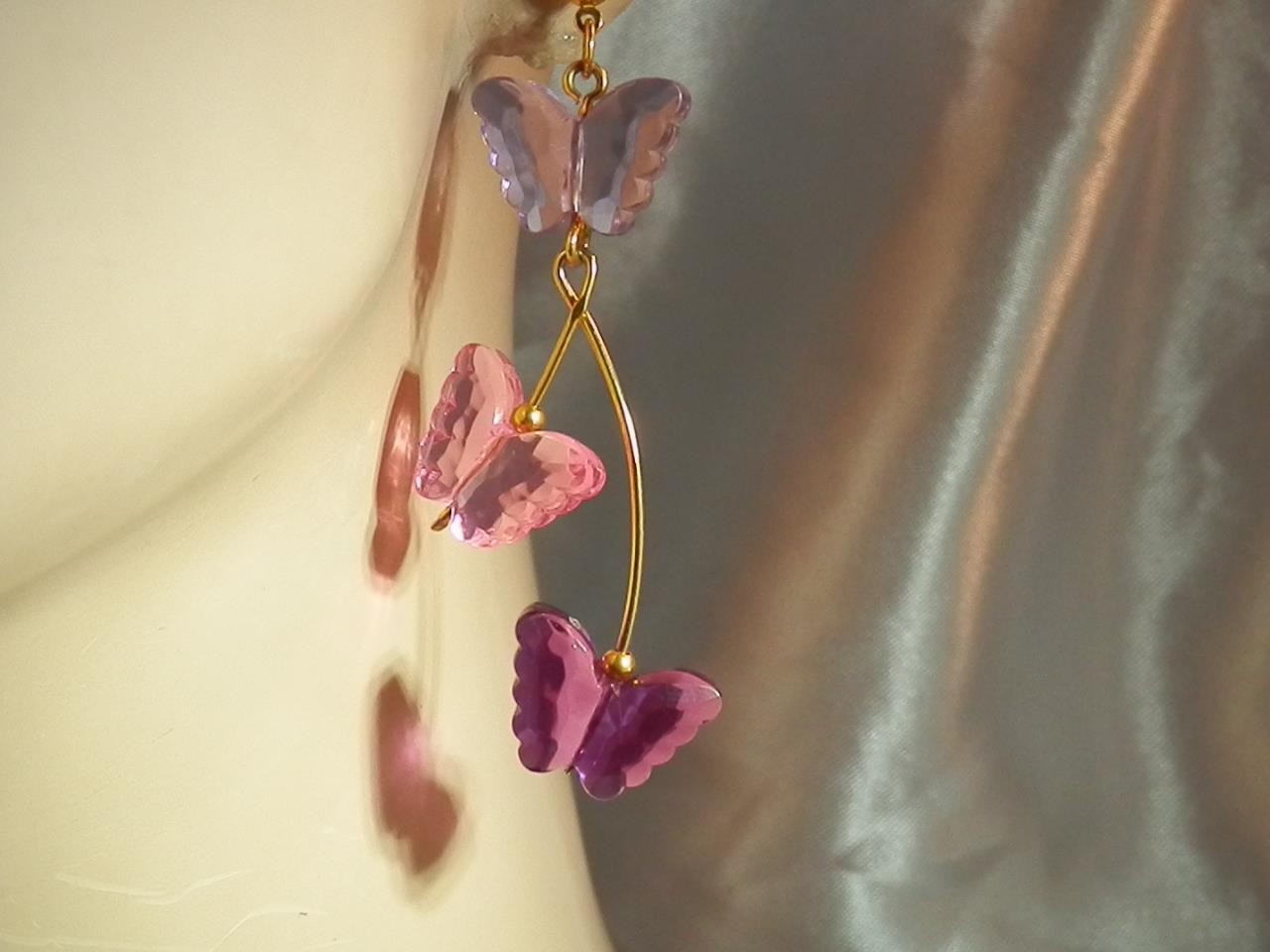 Vintage 80’s Pink Purple Dangle Lucite CUTE Butterfly Pierced Earrings 747n1