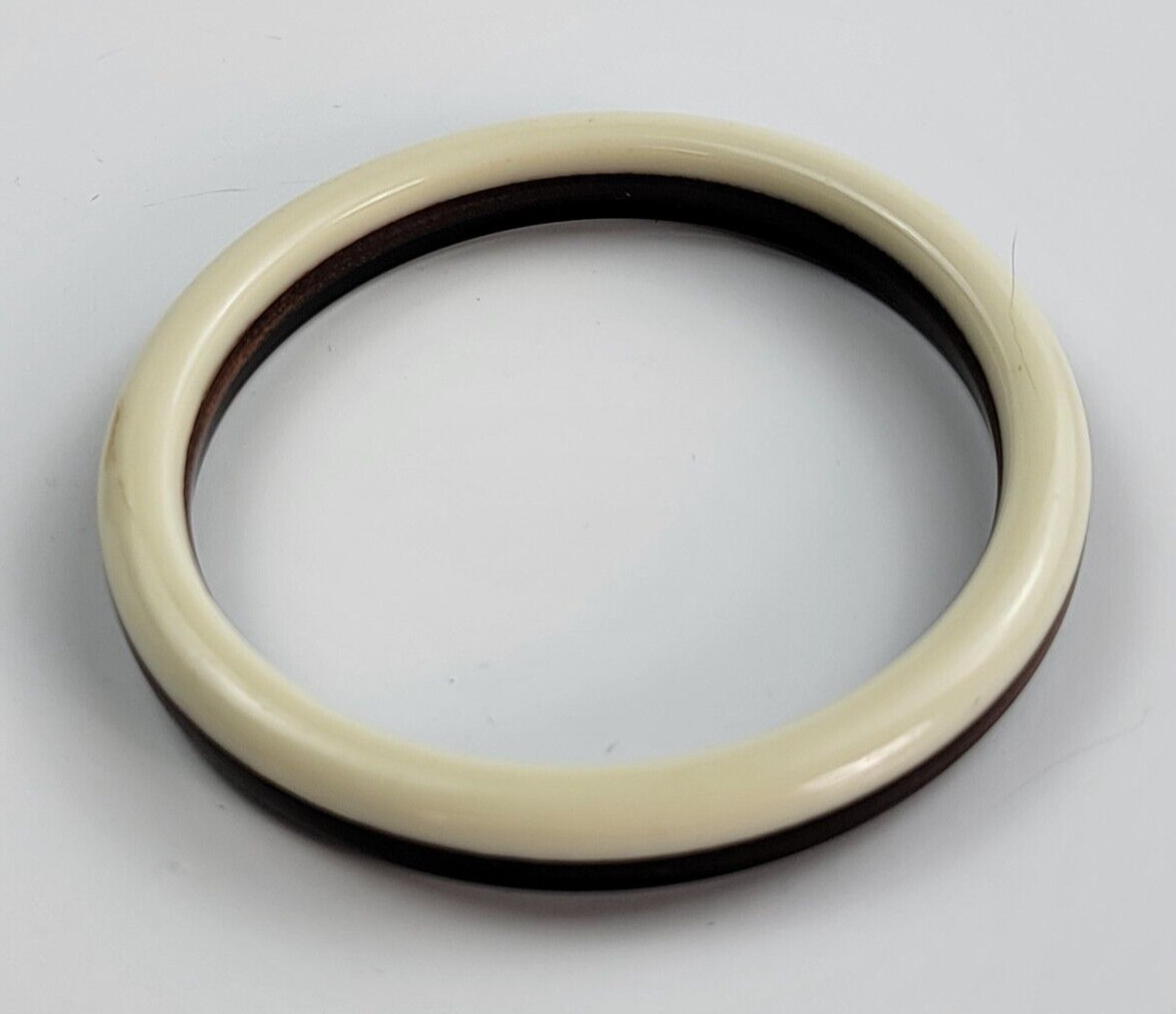 Vtg. Bangle Bracelet 8″ Three Tone Brown Wood Black and Cream Lucite Mid Century