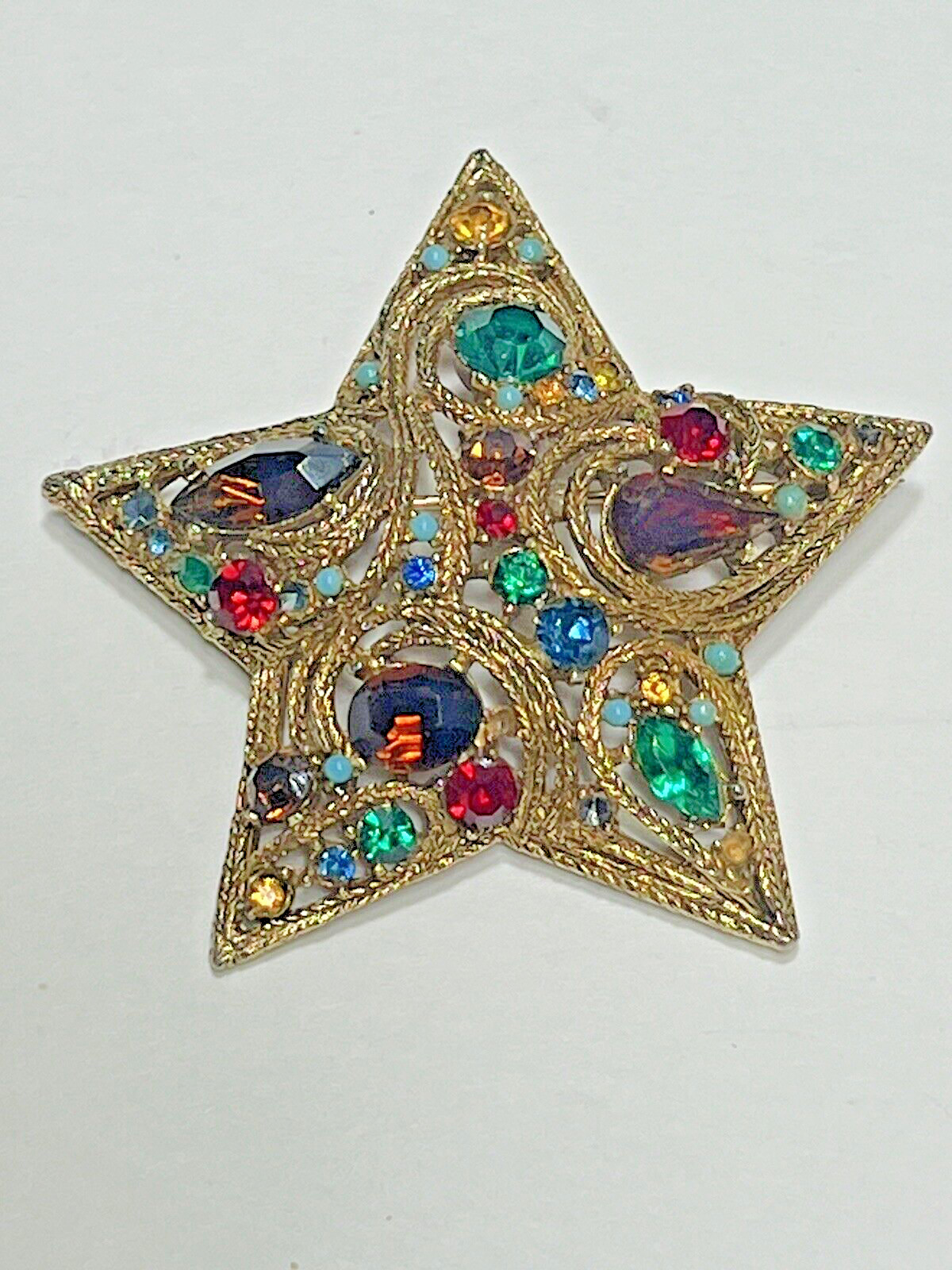 La Roco 1950s Star Brooch Pin Colorful Jewel Tone Rhinestones Gold Plated 2.5″