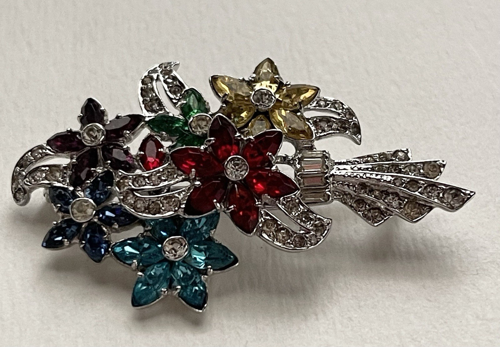 Vintage OTIS Sterling Silver Multicolor Rhinestone Floral Bouquet Pin Brooch