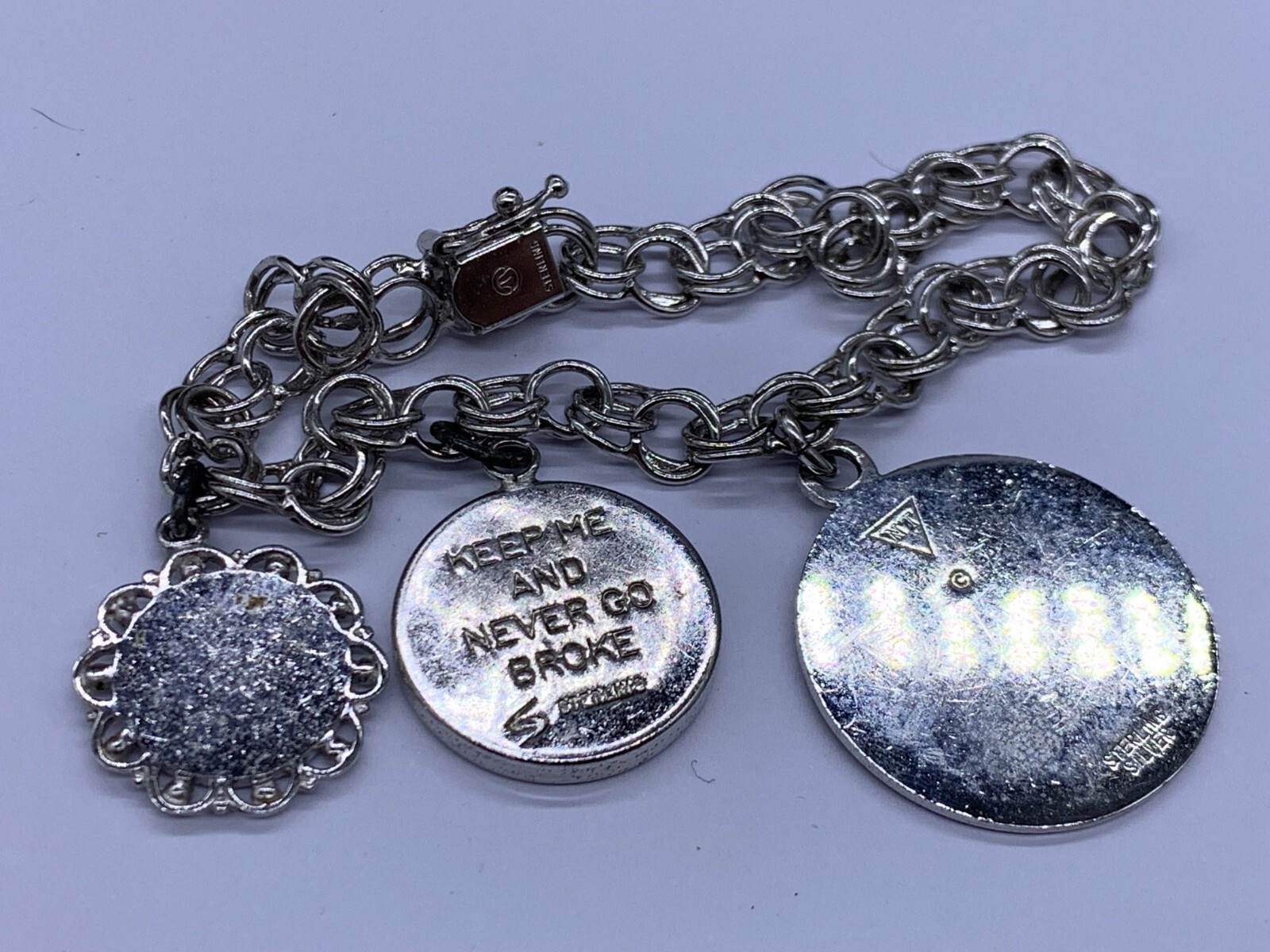 VINTAGE STERLING SILVER GEMINI MAY JUNE HAPPY BIRTHDAY COIN CHARM BRACELET