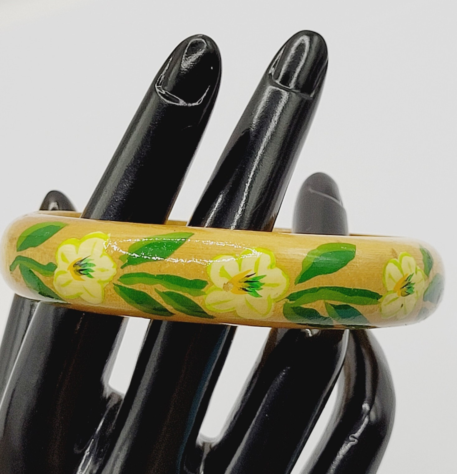 Wood Bangle Hand Painted Cream Flowers Green Leaves Lacquered Bangle Bracelet