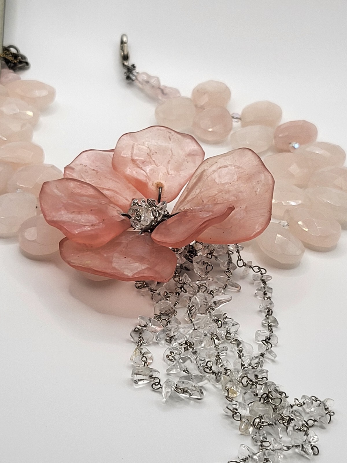 STUNNING Vintage MAYA Faceted Rose Quartz Rock Crystal Large Flower Necklace