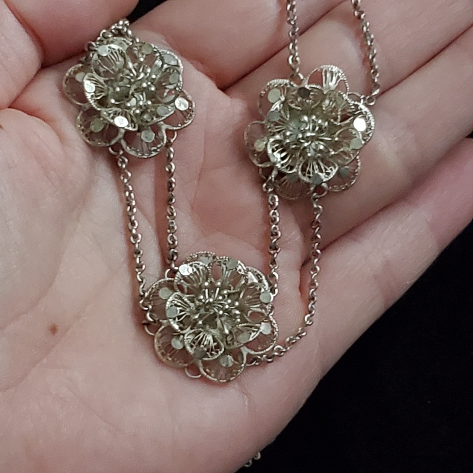 Sterling Silver Cannetille Filigree Necklace Floral Station Swag Choker 15″