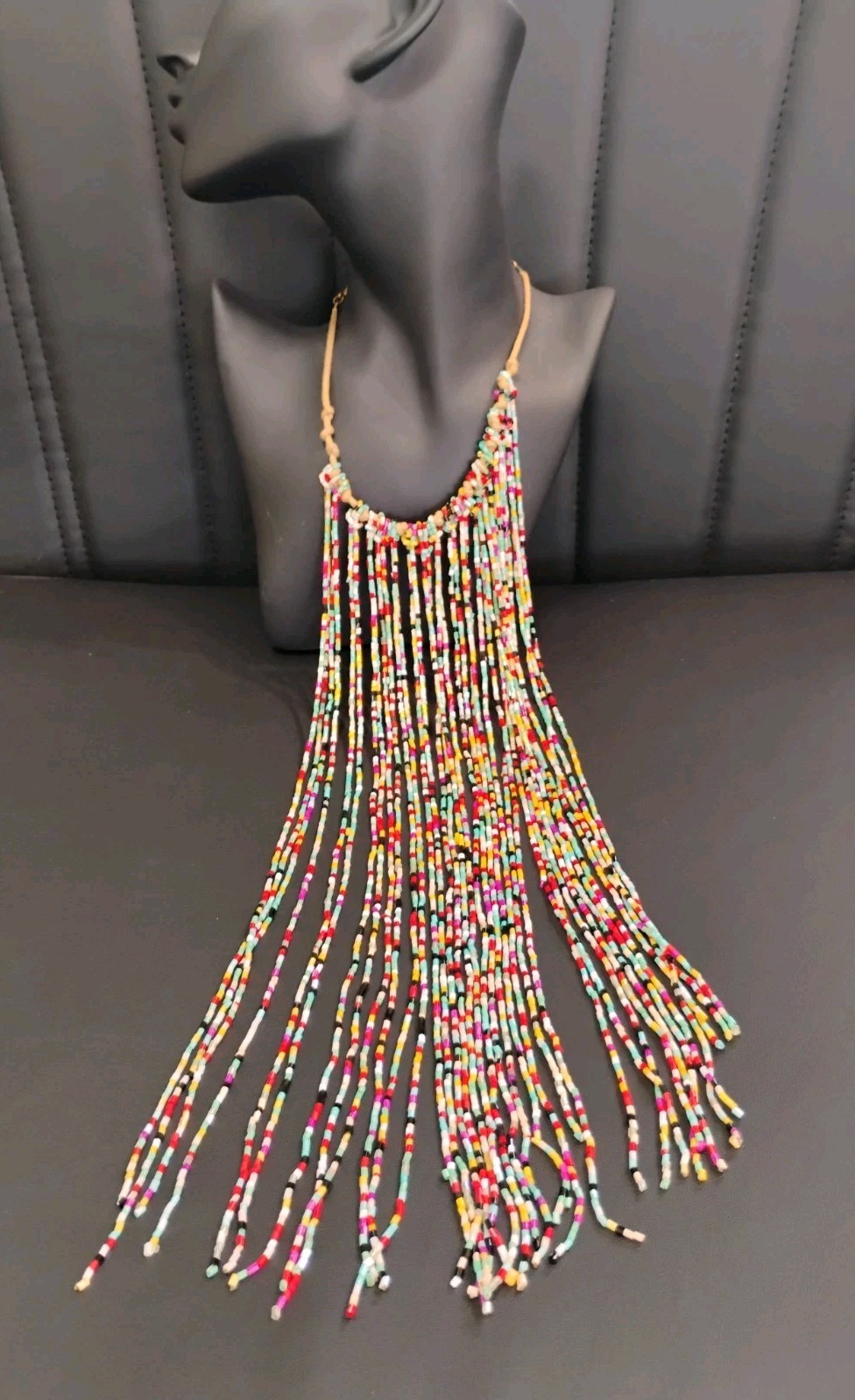 Vintage Bead Fringe Choker Bib Necklace Waterfall Multi Strand