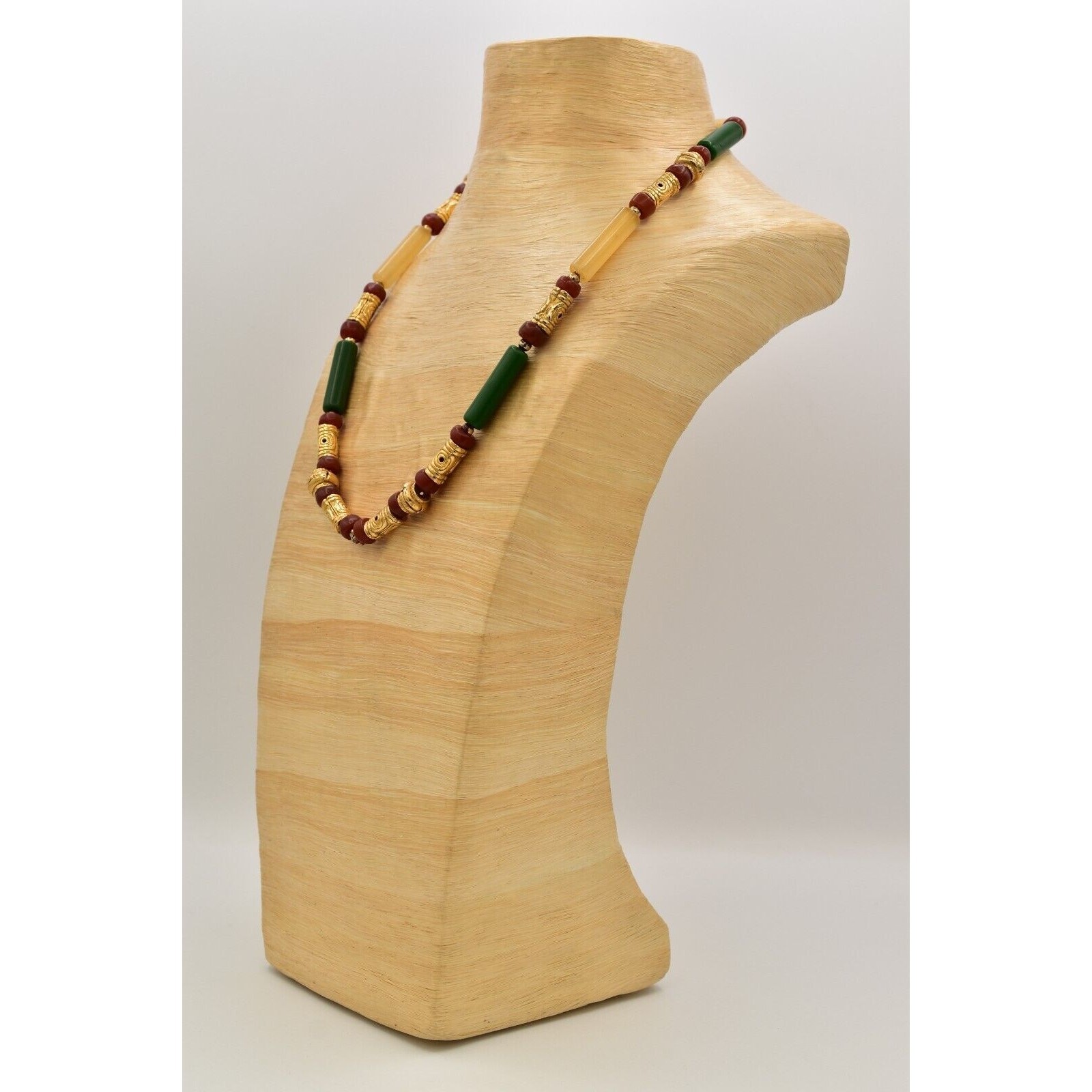 Vintage Beaded Necklace Brushed Gold Green Red Clay Tribal Chunky 1970s BinBN