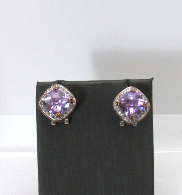Vintage Brilliant Cushion Cut Amethyst CZ Halo Pierced Earrings Two-Tone Metal