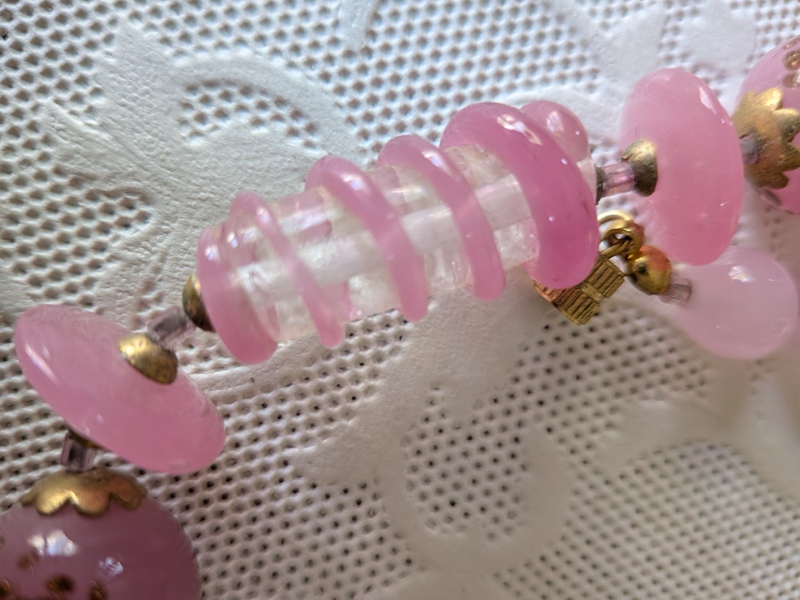 New Vintage Venetian W/Label Pink Aventurine Wound Glass Bead Necklace 22 Inches