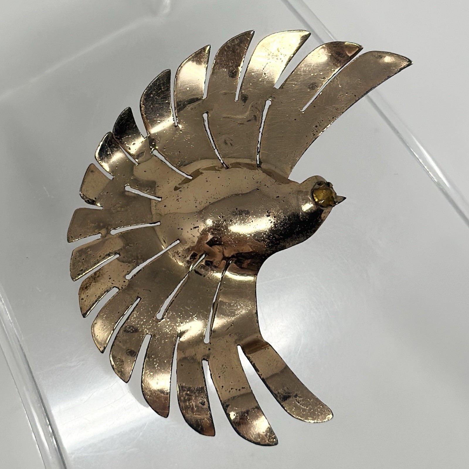 Vintage Rose Gold Vermeil Sterling Silver Flying Bird Yellow Eye Brooch Pin 3”