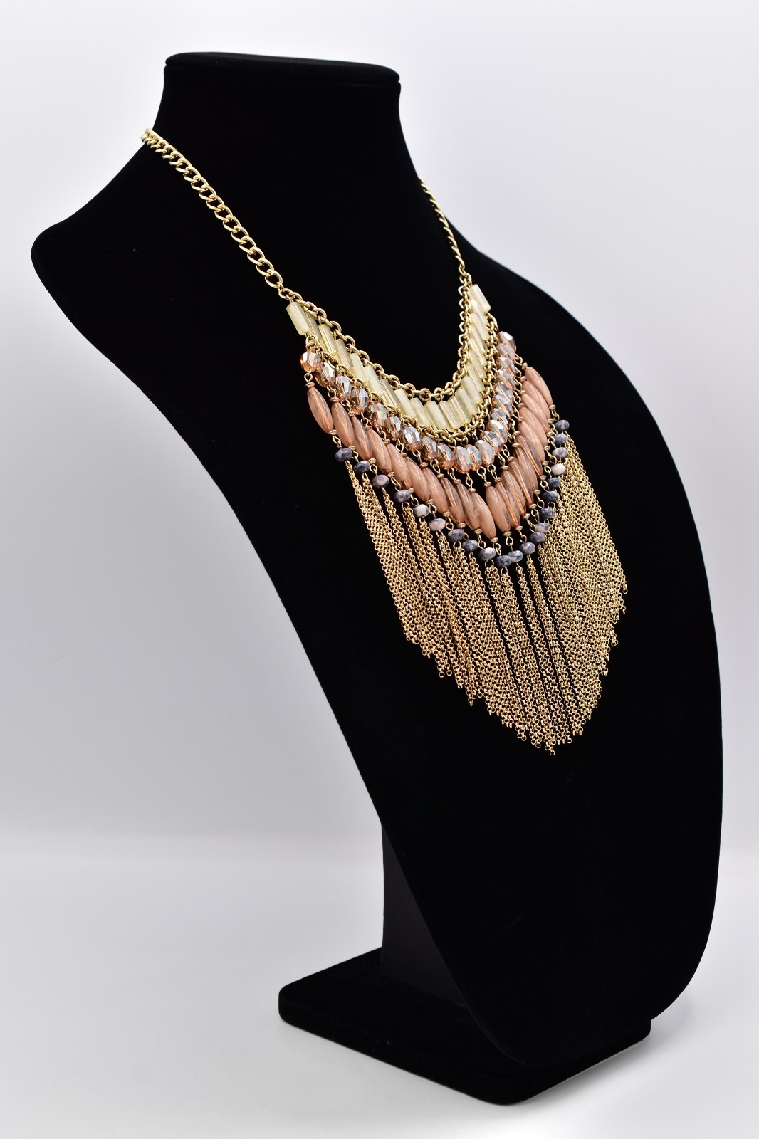 Vintage Fringe Statement Necklace Gold Peach Glass Beads Layered Boho Y2K BinBL