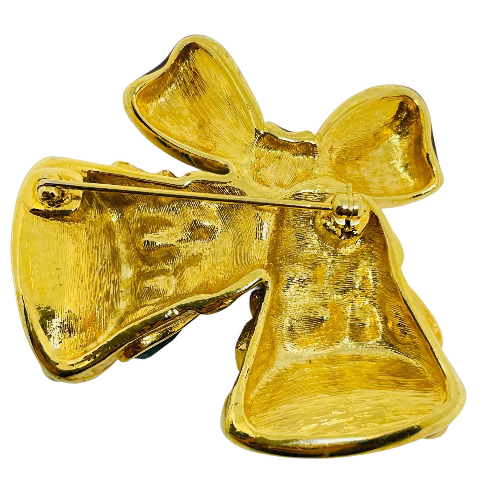 Vintage gold tone rhinestones enamel Christmas holiday bells bow designer brooch